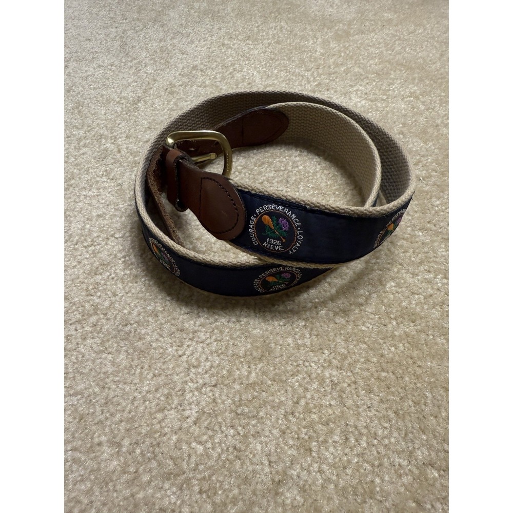Camp Kieve Leather Canvas Belt Size 34 Brass Buckle Leather Made in USA Belt